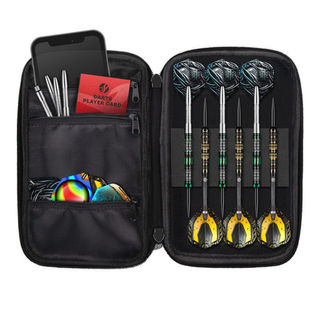 Top-down view of darts case holding six assembled darts, spare flights, tips, and accessories organized in zip compartments