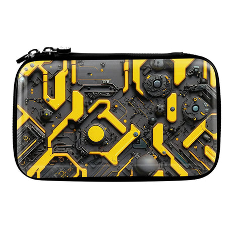 Futuristic yellow and black AI mecha darts case, full product view, zippered, protective travel storage for two dart sets