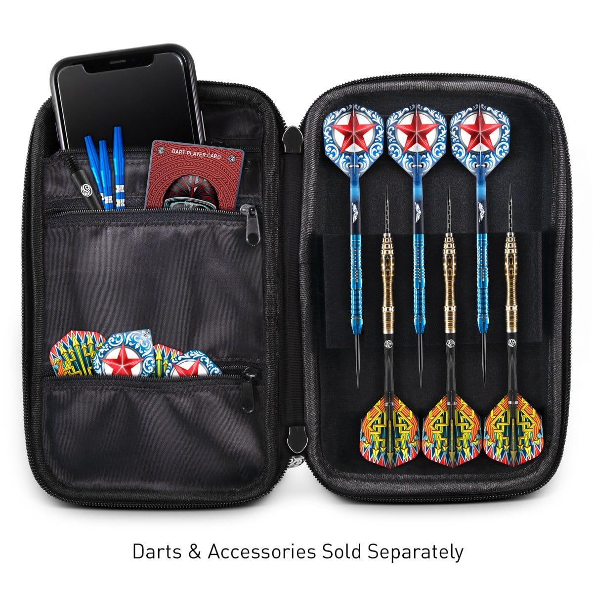 Open black darts case with six assembled darts in foam slots, extra flights, shafts, phone, and card in organizer pockets, white background