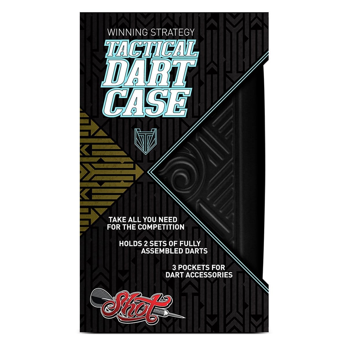 Tactical two set black darts case in retail packaging with partial case texture visible, highlights storage for assembled darts and accessory pockets