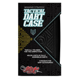 Tactical two set black darts case in retail packaging with partial case texture visible, highlights storage for assembled darts and accessory pockets