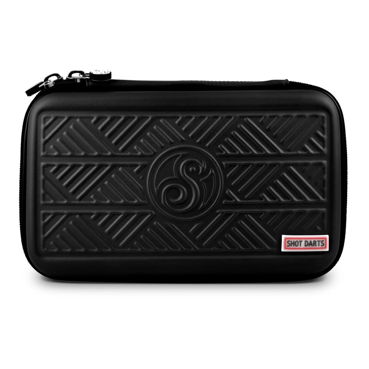 Black tactical darts case with geometric embossed design, front view, zippered hard shell for dart storage, isolated on white background