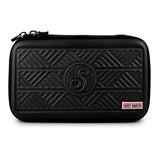 Black tactical darts case with geometric embossed design, front view, zippered hard shell for dart storage, isolated on white background