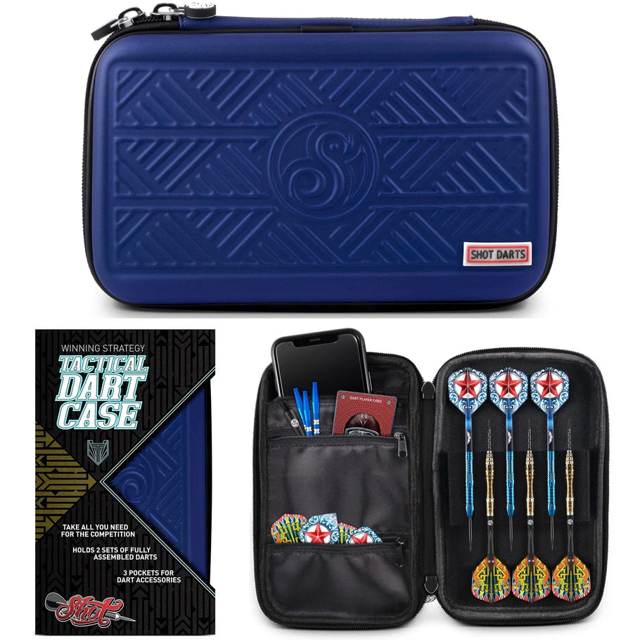 Angled and open view of blue darts case with six assembled darts, accessory pockets, and product packaging for dart storage