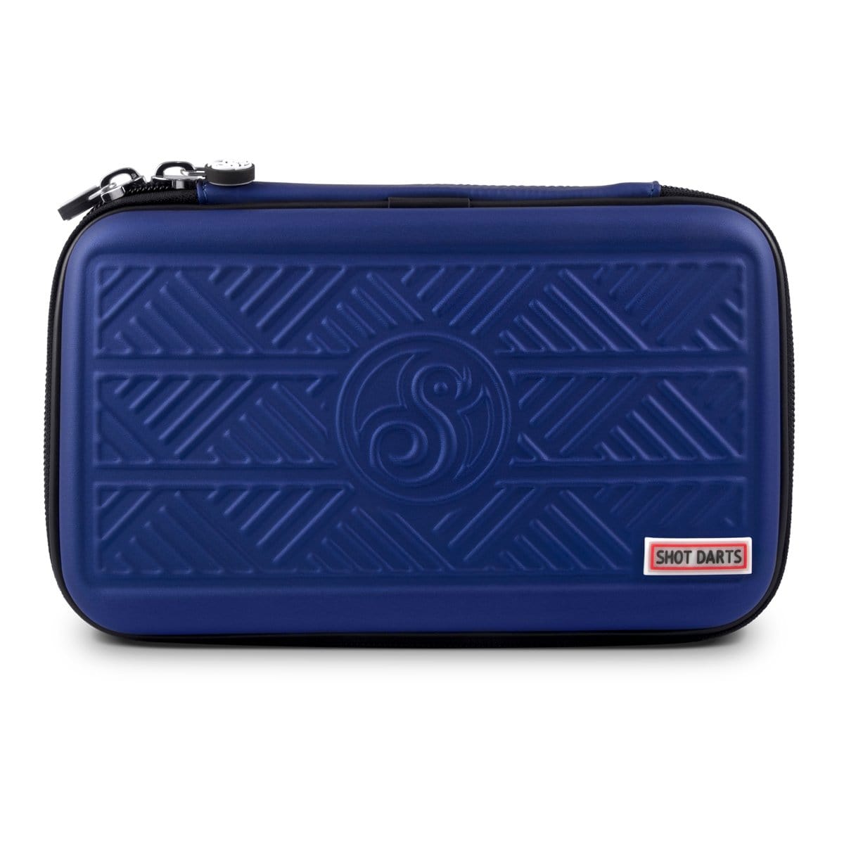 Blue tactical darts case hard shell with embossed grip pattern, full front view, isolated on white background for dart storage
