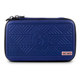 Blue tactical darts case hard shell with embossed grip pattern, full front view, isolated on white background for dart storage