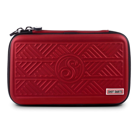 Red tactical darts case with embossed geometric pattern, front view isolated on white background, hard shell for dart storage protection