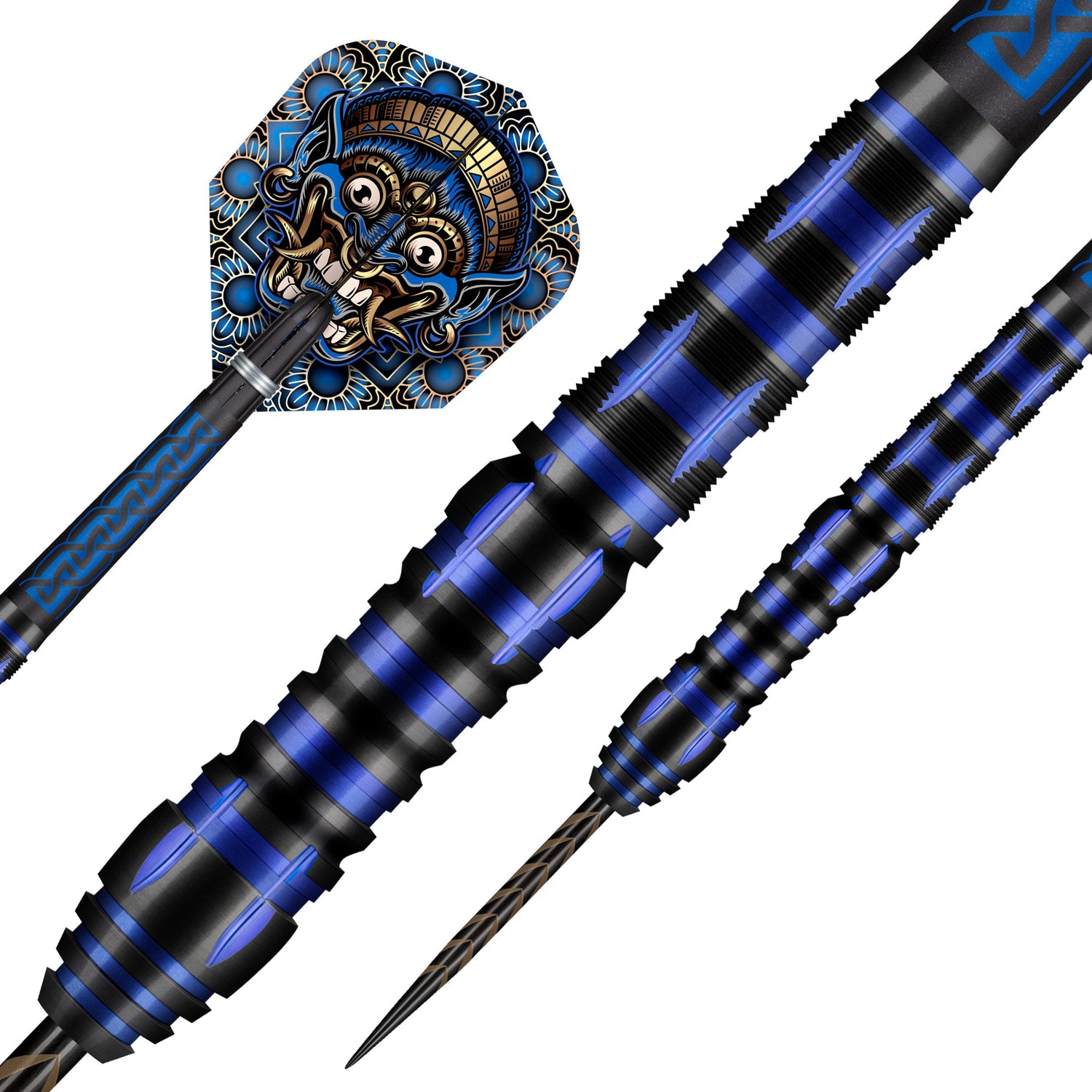 Close-up of tungsten dart with blue-black barrel grip, tribal art flight, and precision steel tip on white background