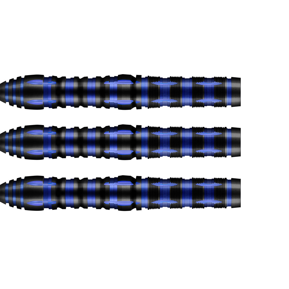 Three 90% tungsten dart barrels side view showing blue-black grip texture, precision grooves, isolated on white background