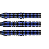 Three 90% tungsten dart barrels side view showing blue-black grip texture, precision grooves, isolated on white background