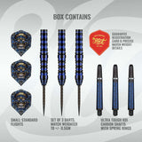 Top-down display of Java 90% tungsten darts set with 3 engraved barrels, 3 tribal dart flights, carbon shafts, and guarantee card on white background