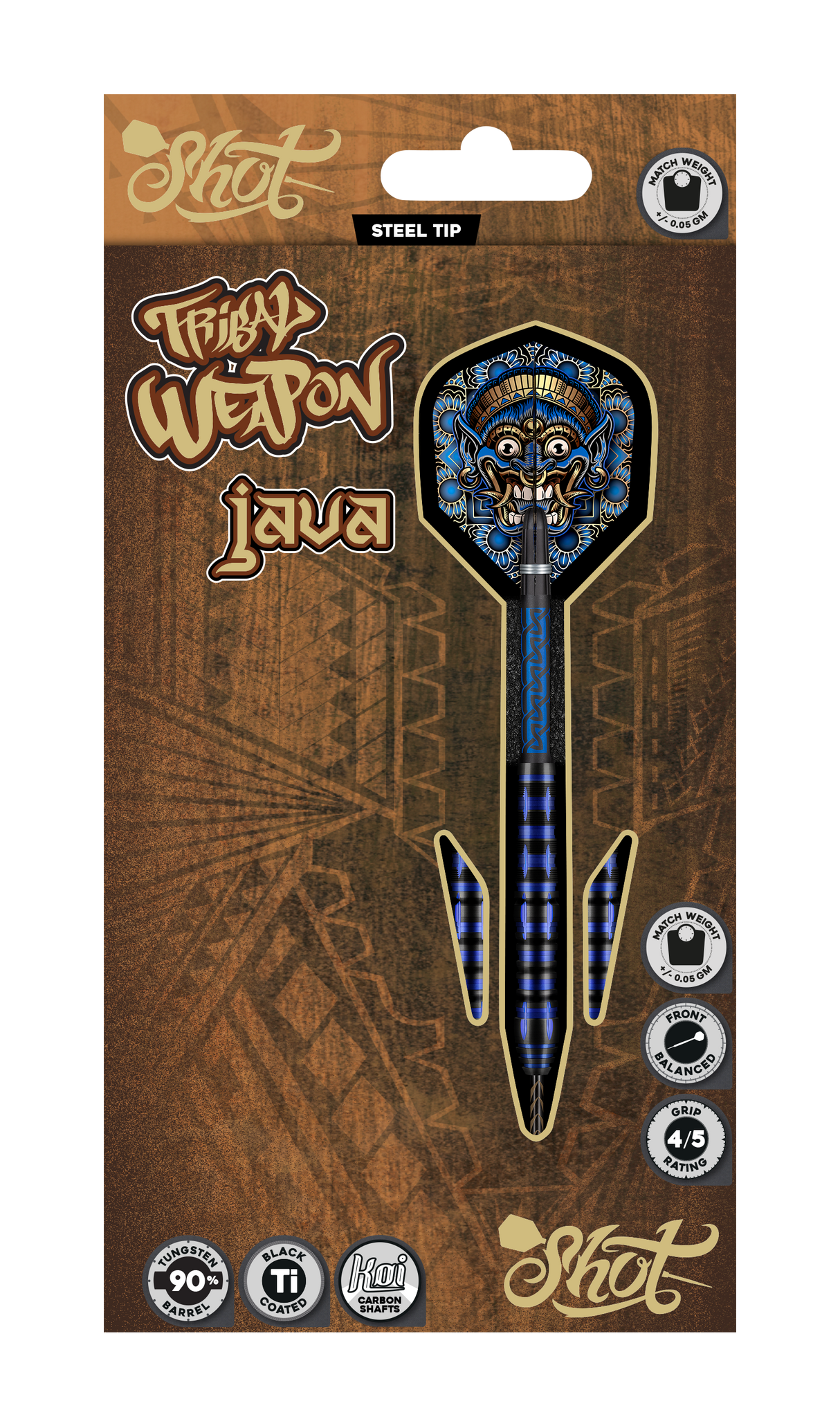 Steel tip tungsten darts in retail packaging with tribal flight design, black coated barrels, and front-weighted carbon shafts on display