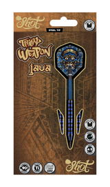 Steel tip tungsten darts in retail packaging with tribal flight design, black coated barrels, and front-weighted carbon shafts on display