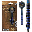 Dart set in retail packaging with detailed tribal flight design and close-up on blue-black 90% tungsten barrel grip texture, steel tip.
