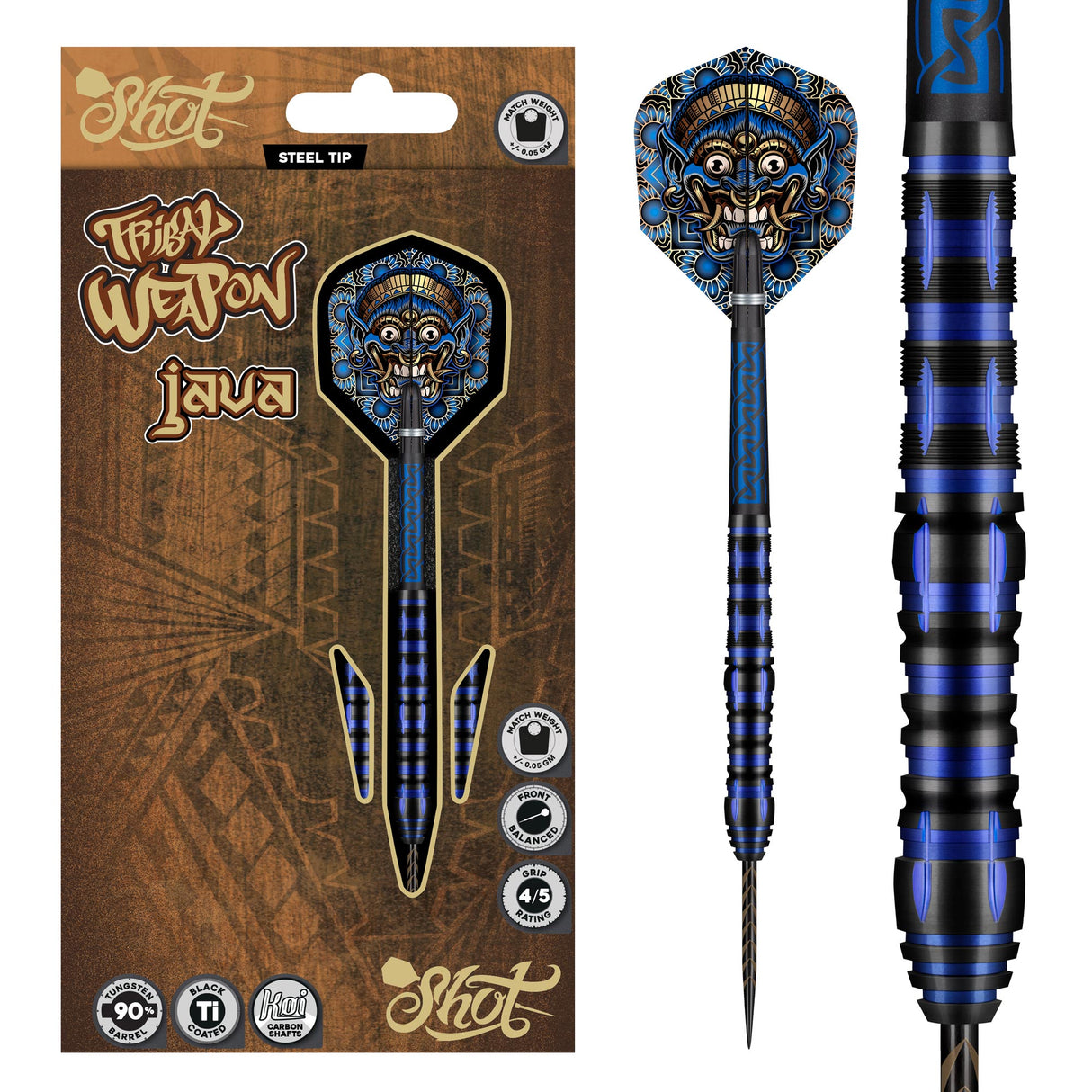 Dart set in retail packaging with detailed tribal flight design and close-up on blue-black 90% tungsten barrel grip texture, steel tip.