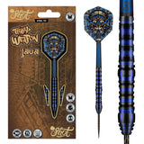 Dart set in retail packaging with detailed tribal flight design and close-up on blue-black 90% tungsten barrel grip texture, steel tip.