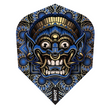 Single dart flight with bold tribal mask artwork in blue and gold, full view on white, ideal for upgrading dart equipment.