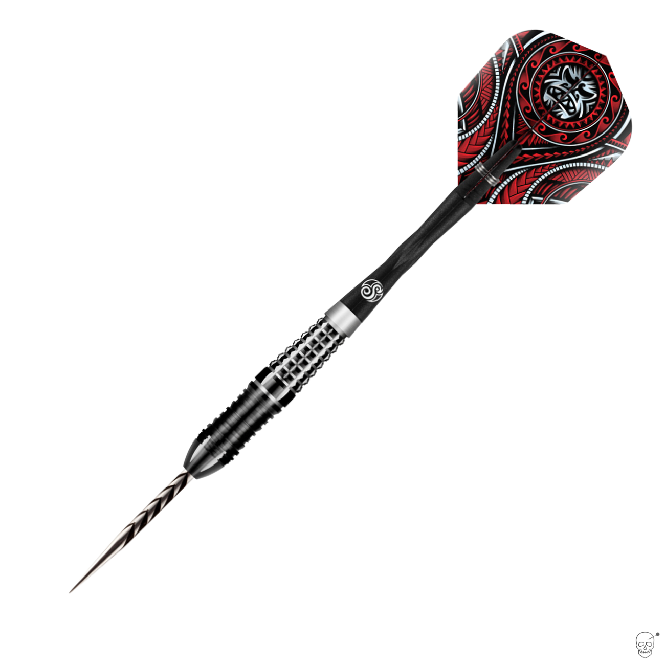 Angled full view of tungsten dart with knurled barrel, spiral steel tip, and red tribal design flight on white background