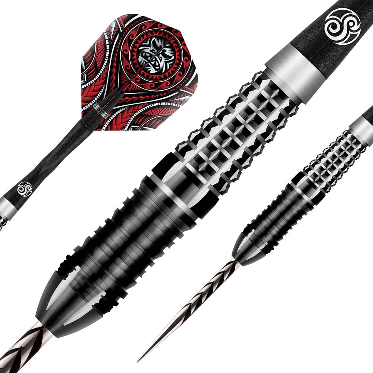 Macro close-up of 90% tungsten darts showing aggressive barrel grip, spiral steel tip, and detailed tribal pattern flight on white background