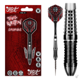 Steel tip tungsten dart in tribal red packaging, full product view and macro close-up show barrel grip texture, engraved flight, carbon shaft