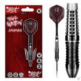 Steel tip tungsten dart in tribal red packaging, full product view and macro close-up show barrel grip texture, engraved flight, carbon shaft