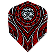 Single dart flight with bold tribal red and black pattern, full view isolated, highlighting intricate decorative design for dart equipment.