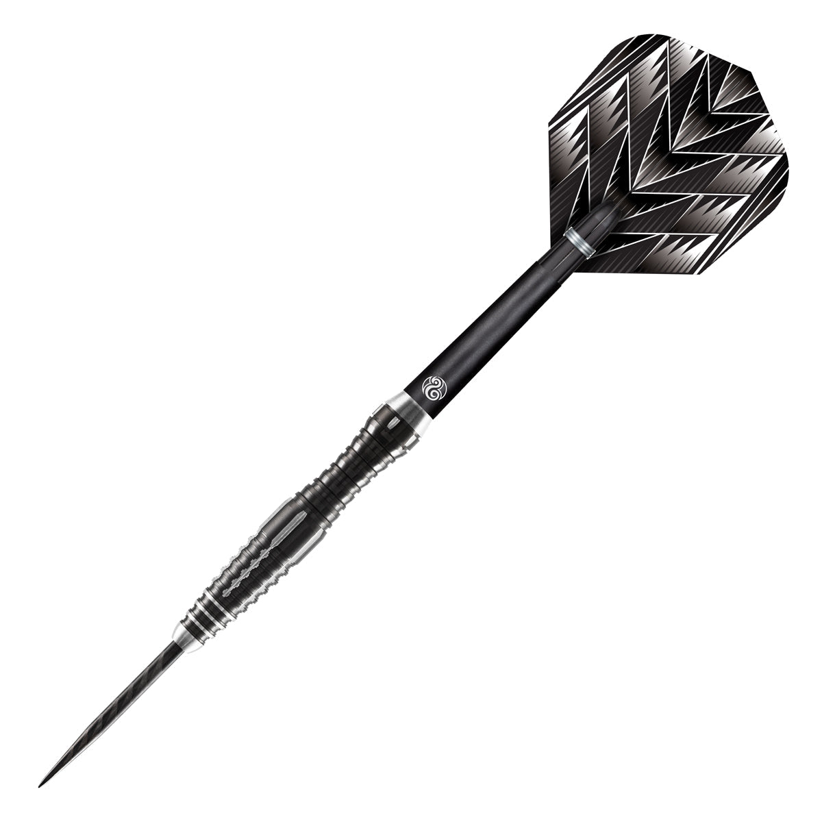 90% tungsten dart shown diagonally on white, featuring detailed barrel grooves and black patterned flights for precision grip