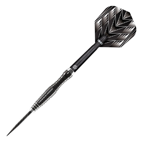 90% tungsten dart shown diagonally on white, featuring detailed barrel grooves and black patterned flights for precision grip