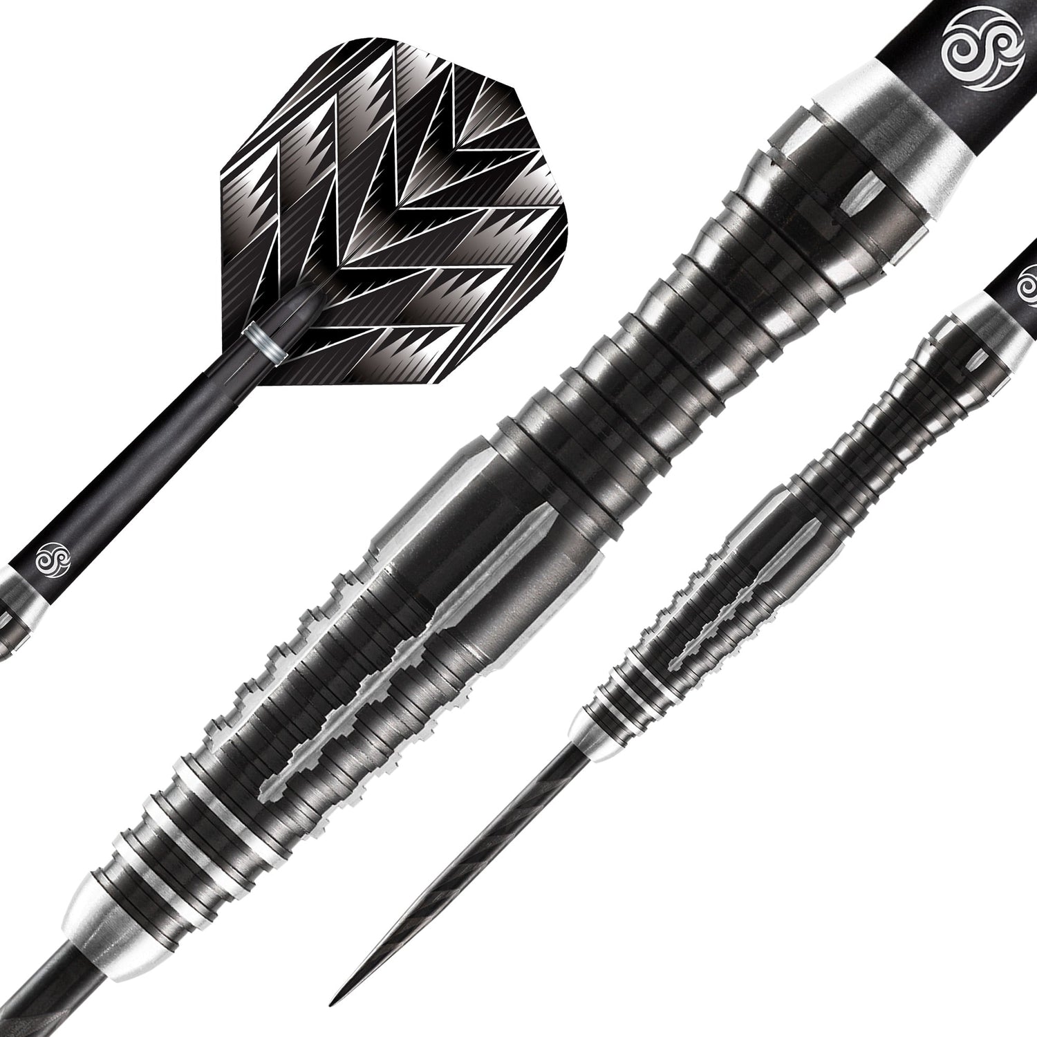 Macro close-up of 90% tungsten darts showing detailed barrel grip, precision tip, and tribal patterned flight on white background