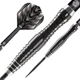 Macro close-up of 90% tungsten darts showing detailed barrel grip, precision tip, and tribal patterned flight on white background