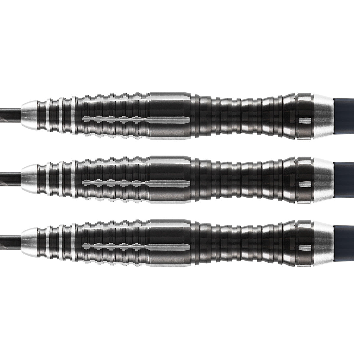 Three 90% tungsten darts in horizontal alignment, displaying precision grip cuts and detailed barrel design on white background