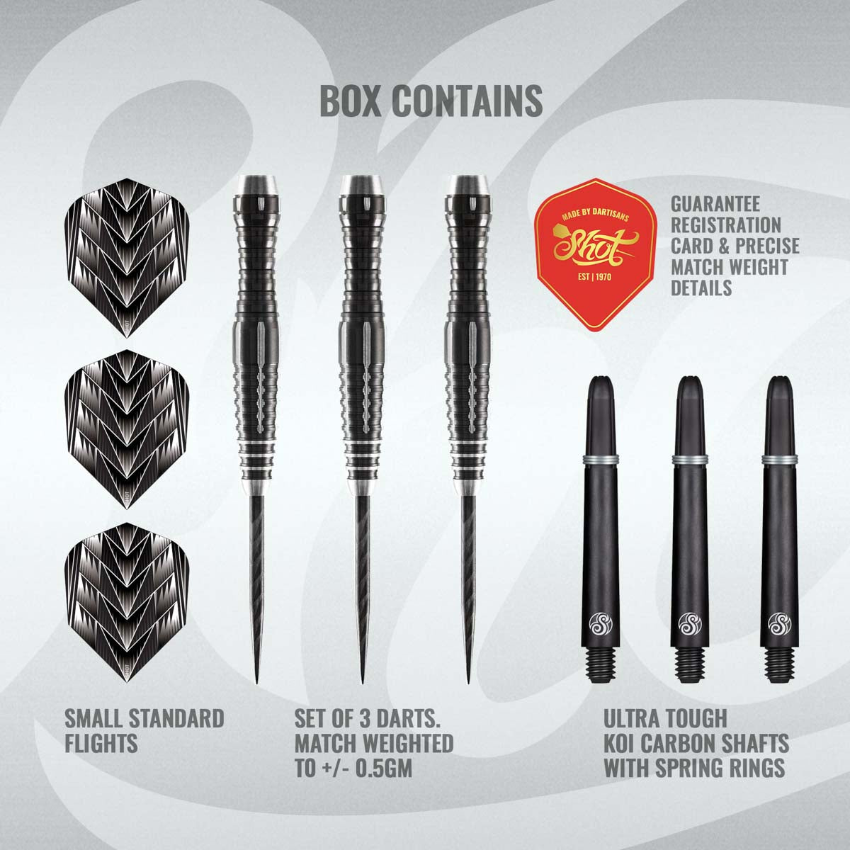 Flat lay of Tribal Weapon Series 4 darts set with three tungsten darts, tribal flights, carbon shafts, and guarantee card on a light background