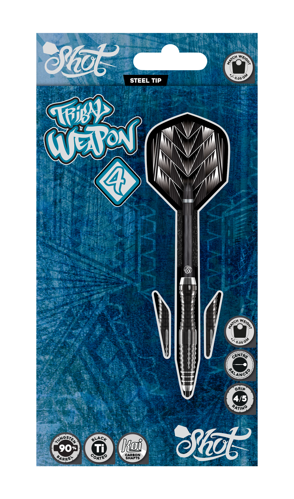 Full set of three steel tip darts with 90% tungsten barrels, black coated grip, carbon shafts, and tribal flights in retail packaging