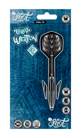 Full set of three steel tip darts with 90% tungsten barrels, black coated grip, carbon shafts, and tribal flights in retail packaging