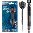 Steel tip tungsten darts in retail packaging with close-up of black barrel grip and tribal flight design, 90% tungsten, center balanced