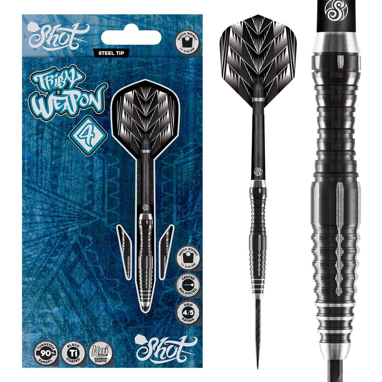 Steel tip tungsten darts in retail packaging with close-up of black barrel grip and tribal flight design, 90% tungsten, center balanced