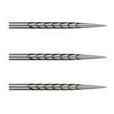 Close-up side view of three steel dart points with precision cinder grip engraving, isolated on white background