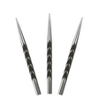 Tribal Weapon steel tip dart points close-up showing precision cinder grip texture, three points isolated on white background