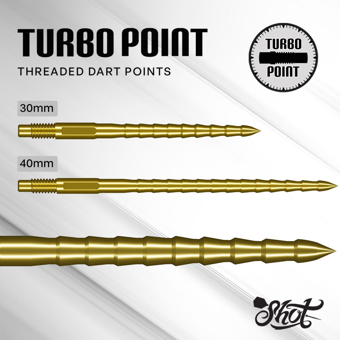 Shot Turbo RS steel tip dart points – gold 30mm and 40mm sizes