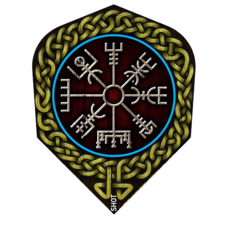 Viking Drakkar No.6 dart flight full view with Norse rune design and green knotwork, isolated on white for darts accessories