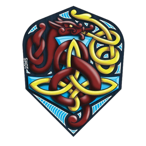 Close-up of Viking Hammer No.6 dart flight with detailed red and yellow Norse knotwork on white background