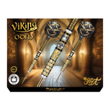 Viking Odin 95 percent tungsten darts in steel tip, full set displayed on decorative packaging with gold Norse-themed detailing