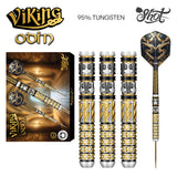 Viking Odin 95% tungsten darts set with three engraved barrels, full assembled dart, and display packaging on white background