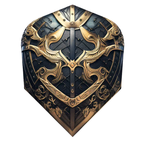 Close-up of Viking Odin No.6 dart flight with ornate gold Norse shield artwork, isolated on white, durable 100 micron dart flight