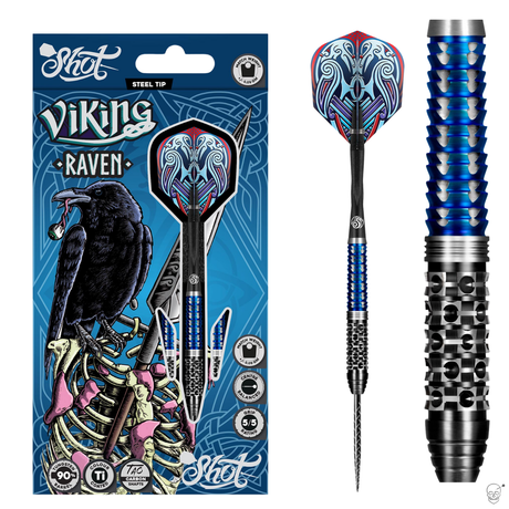 Full product view of Viking Raven 90% tungsten darts in retail packaging with Norse-themed flights and close-up of blue precision grip barrel