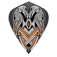 Close-up kite-shaped dart flight with Viking raven tribal design in black, silver, and orange, isolated on white background