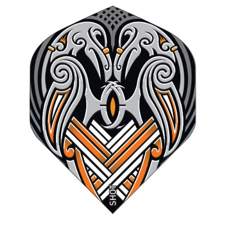 Shot Viking Raven Black No.2 dart flight upright on a white background, black with raven artwork
