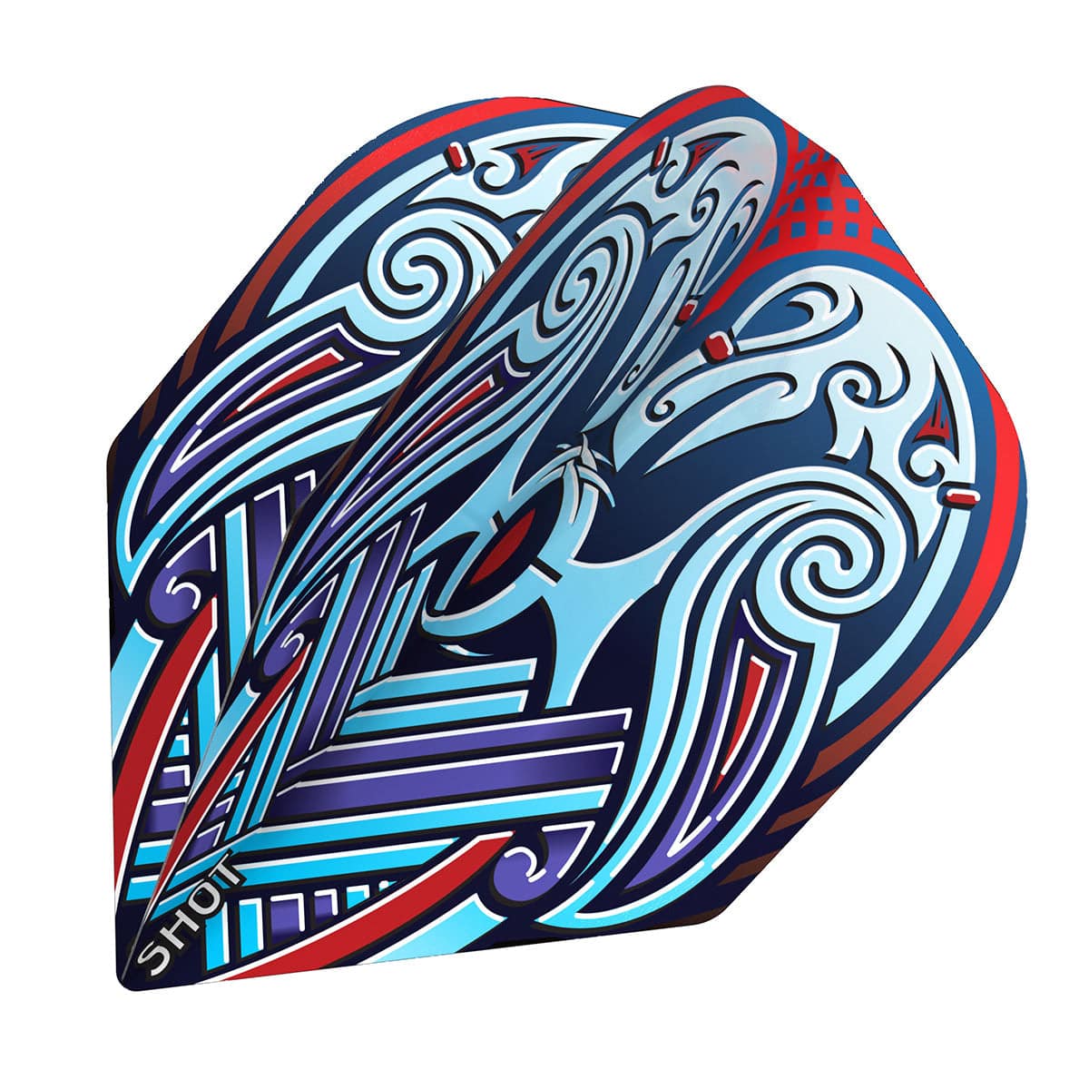 Close-up of three Viking Raven No.6 dart flights stacked, featuring intricate blue Norse artwork and strong flight shape for darts
