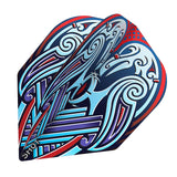 Close-up of three Viking Raven No.6 dart flights stacked, featuring intricate blue Norse artwork and strong flight shape for darts