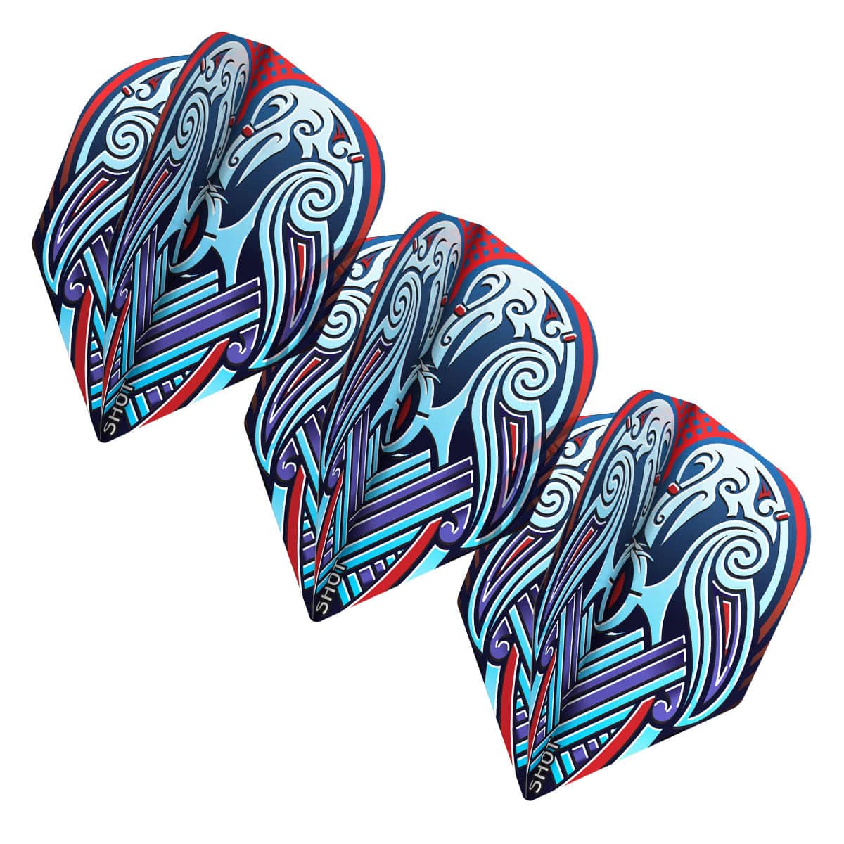 Three Viking Raven Blue No.6 dart flights arranged side by side, angled view, vivid Norse artwork, isolated on white background.